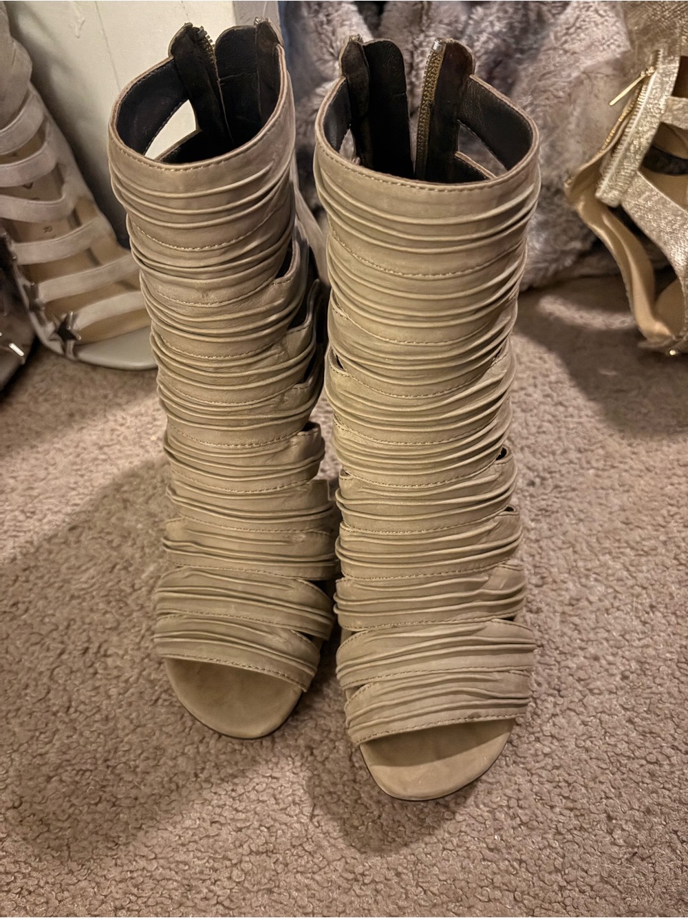 Donald J. Pliner Taupe Ruched Open-Toe Heeled Booties